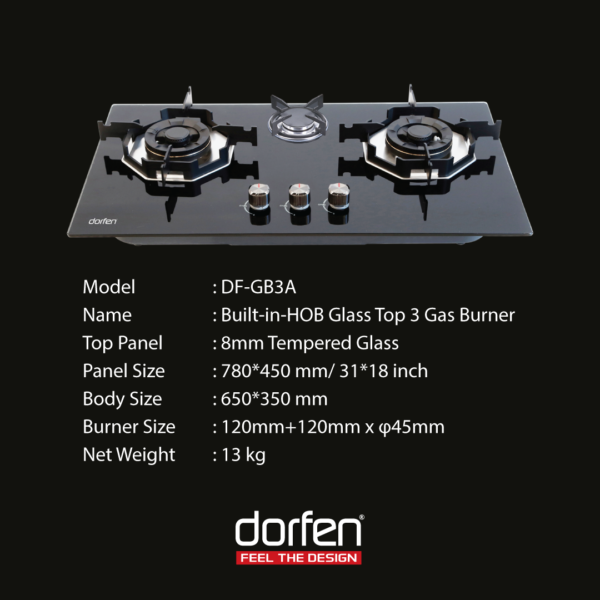 DORFEN Built-in-HOB Glass Top 2 Gas Burner, DORFEN Built-in-HOB Glass Top 3 Gas Burner, DORFEN DF-GB2A, DORFEN DF-GB3A, DORFEN DF-GB2B, DORFEN DF-GB2C, DORFEN Gas Burner, Marquis Gas Burner