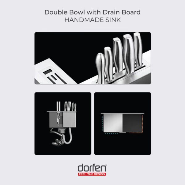 DORFEN Double Bowl with Drain Board Smart Handmade Sink, DF-KS005