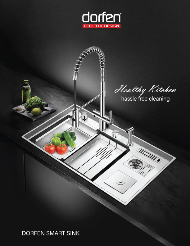 DORFEN Double Bowl with Drain Board Smart Handmade Sink, DF-KS006