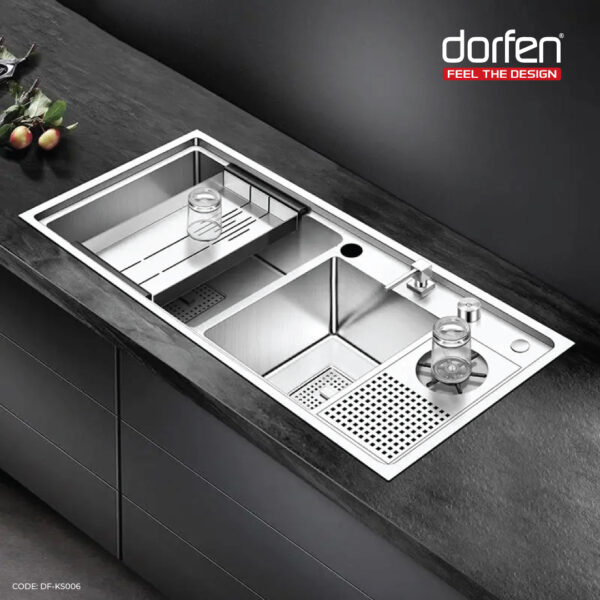 DORFEN Double Bowl with Drain Board Smart Handmade Sink, DF-KS006